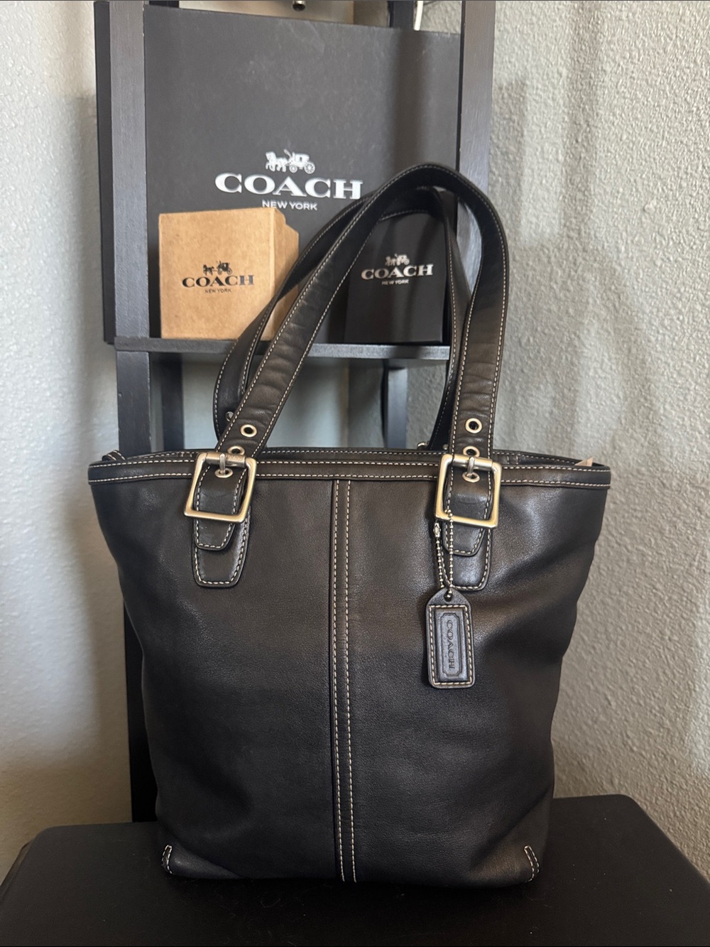 Coach Black Leather Messenger Tote with Contrast Stitching